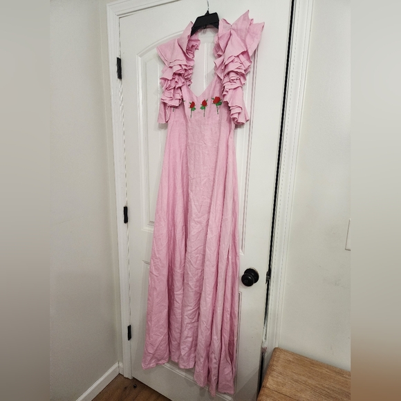 FANM MON Aster Pink DemreLinen Embroidered Maxi DressRuffle Sleeve NWT - Picture 2 of 16
